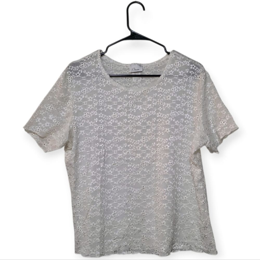 🦫 Orange U.S.A. White Vintage Eyelet Lace Semi-sheer Blouse Short Sleeve 2XL - Picture 2 of 5